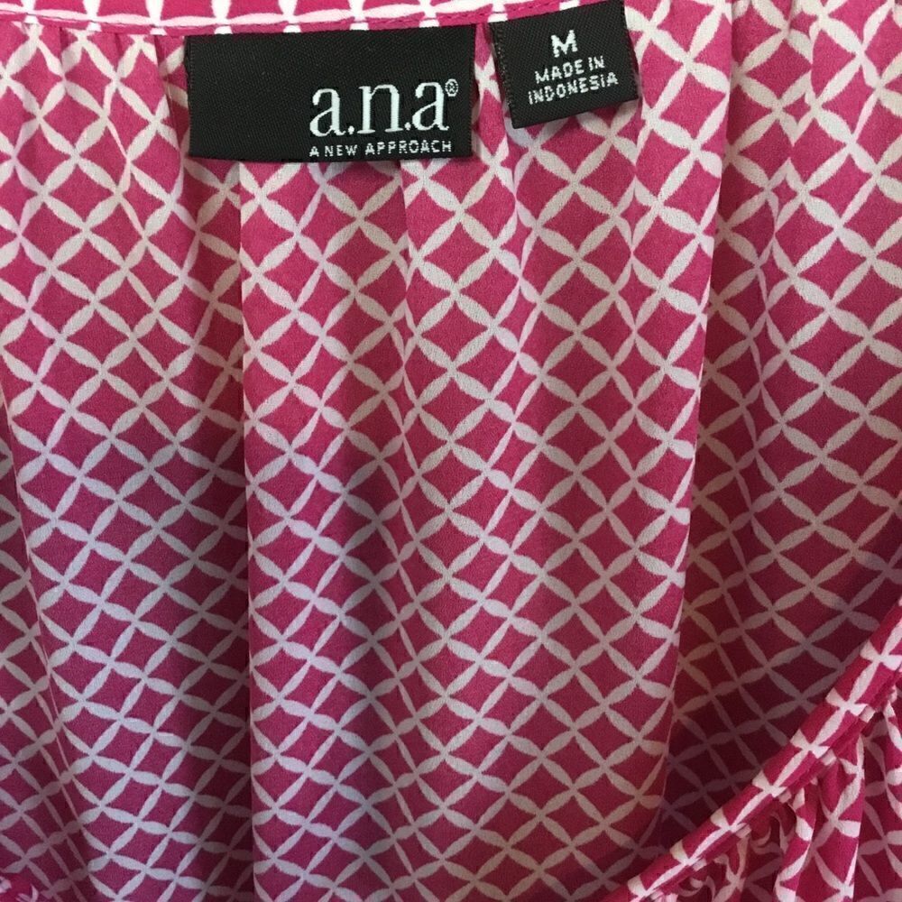 a.n.a. Blouse Tunic Pink White Print Tie Front 3/4 Length Sleeves Medium - Picture 7 of 11